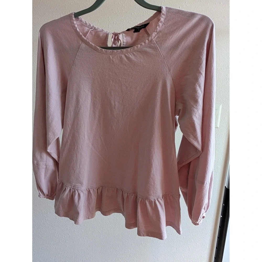 Banana Republic Pink Cotton Peplum Top Long Sleeve Back Tie Keyhole Small