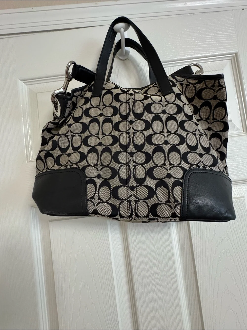 Coach Signature Canvas Shoulder Tote in Khaki and Black