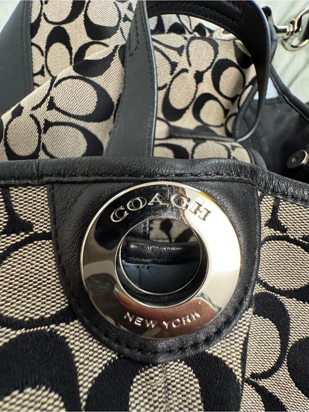 Coach Signature Canvas Shoulder Tote in Khaki and Black