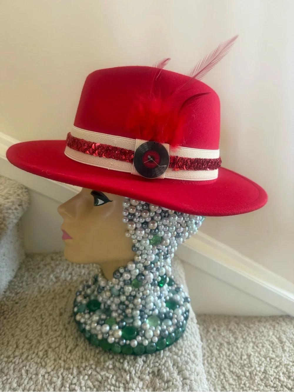 Red Women's Fedora Hat with Sequin Band
