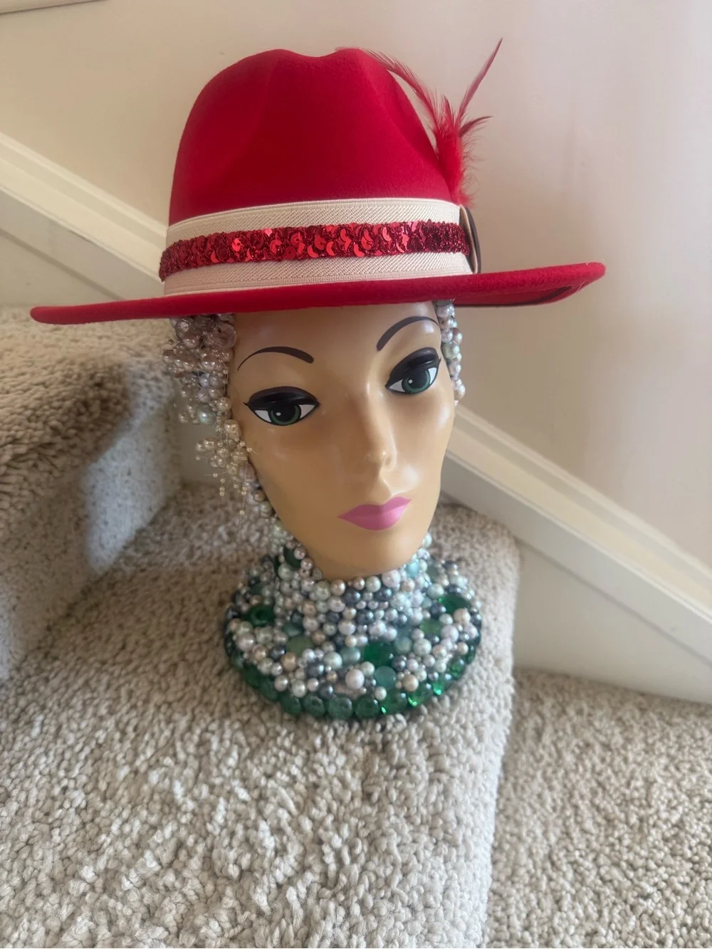 Red Women's Fedora Hat with Sequin Band