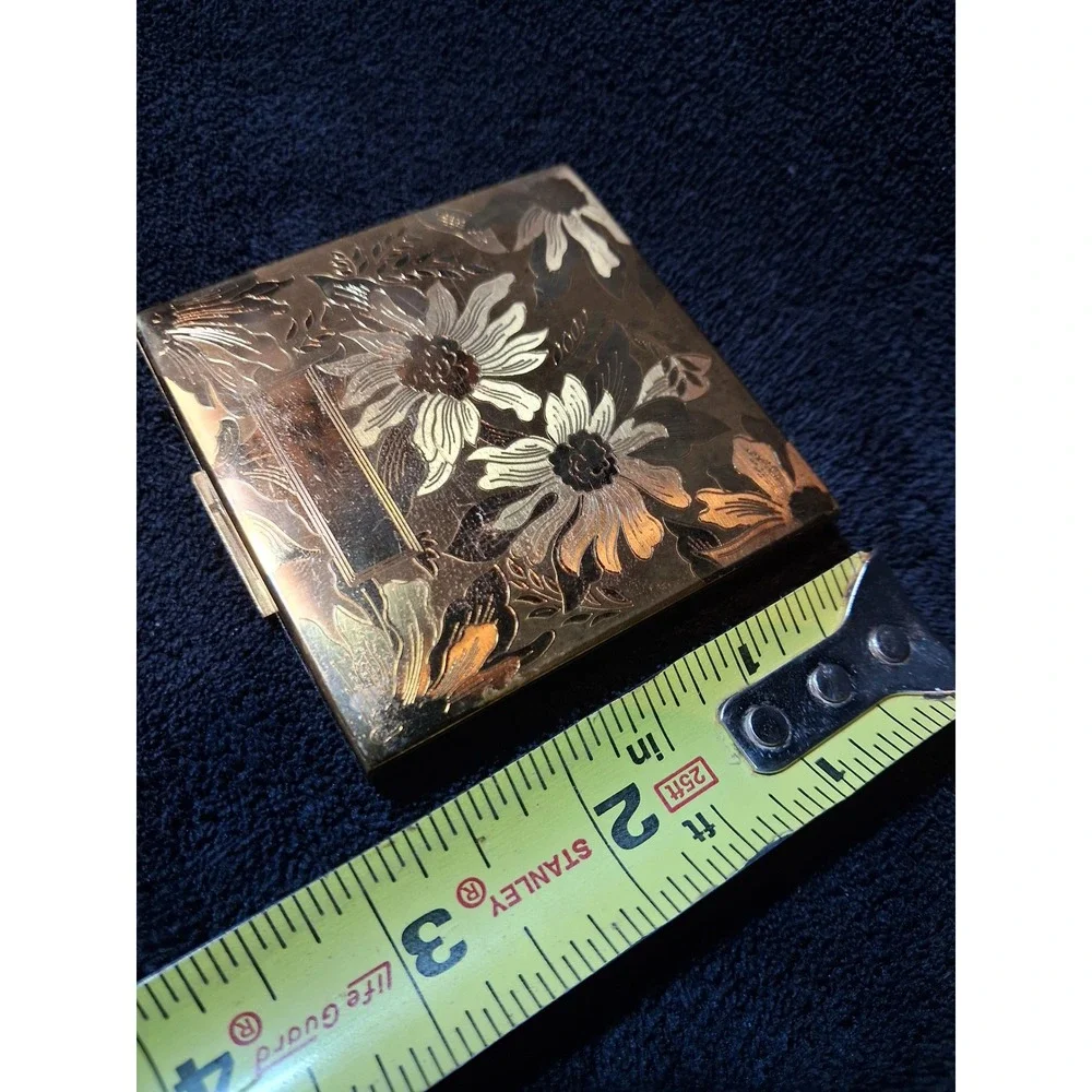 Vintage Elgin American Gold Tone Floral Etched Square Makeup Compact Mirror