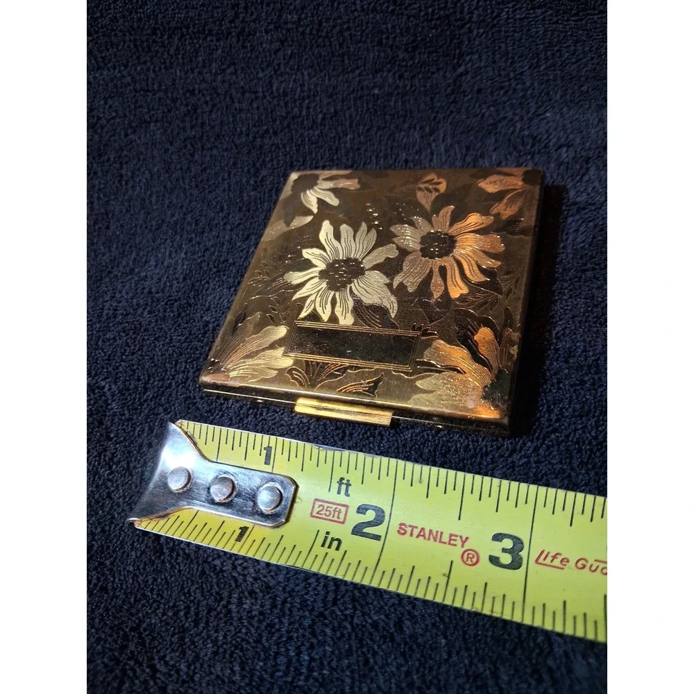 Vintage Elgin American Gold Tone Floral Etched Square Makeup Compact Mirror