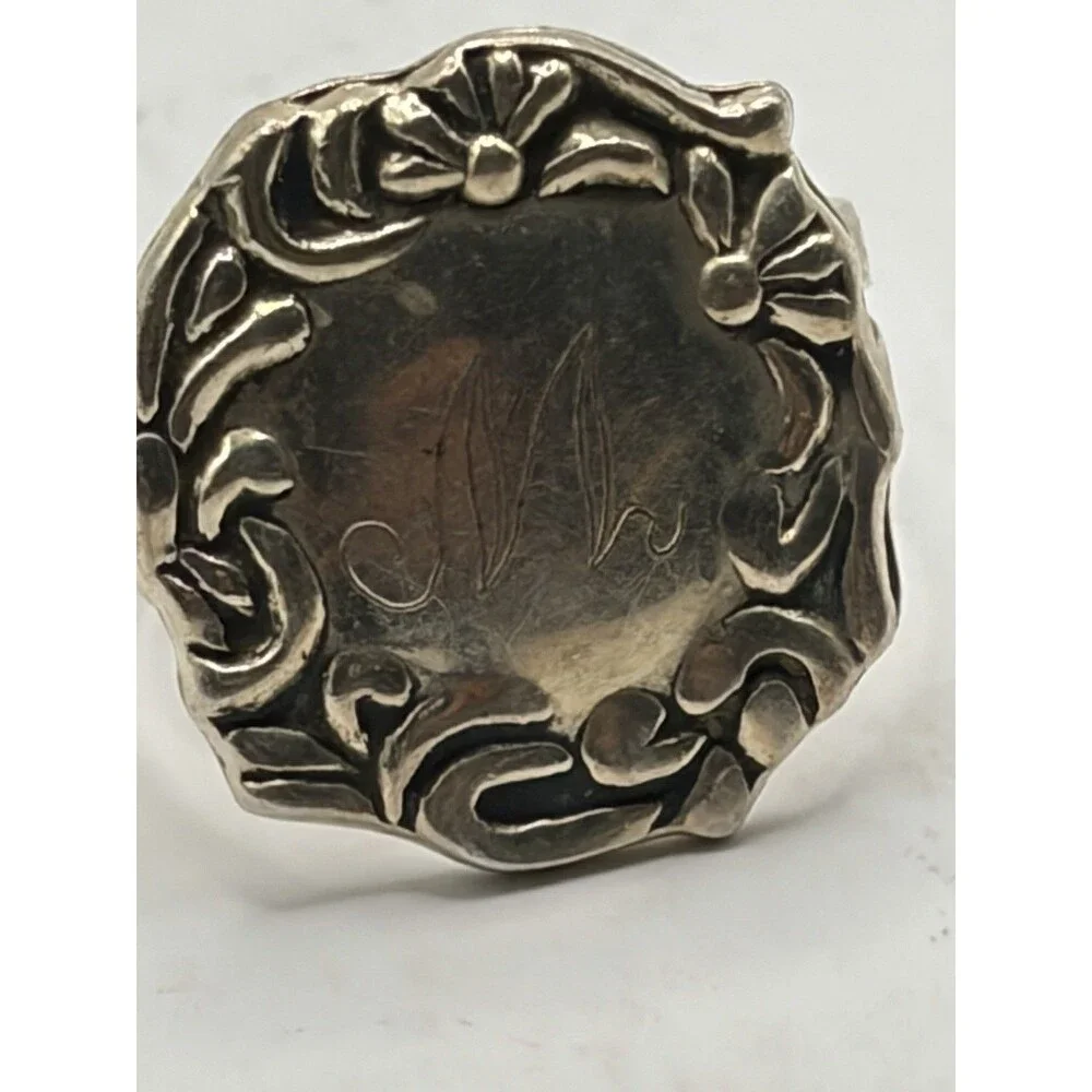Vintage 925 Sterling Silver Monogram M Repousse Signet Statement Ring Size 7.75