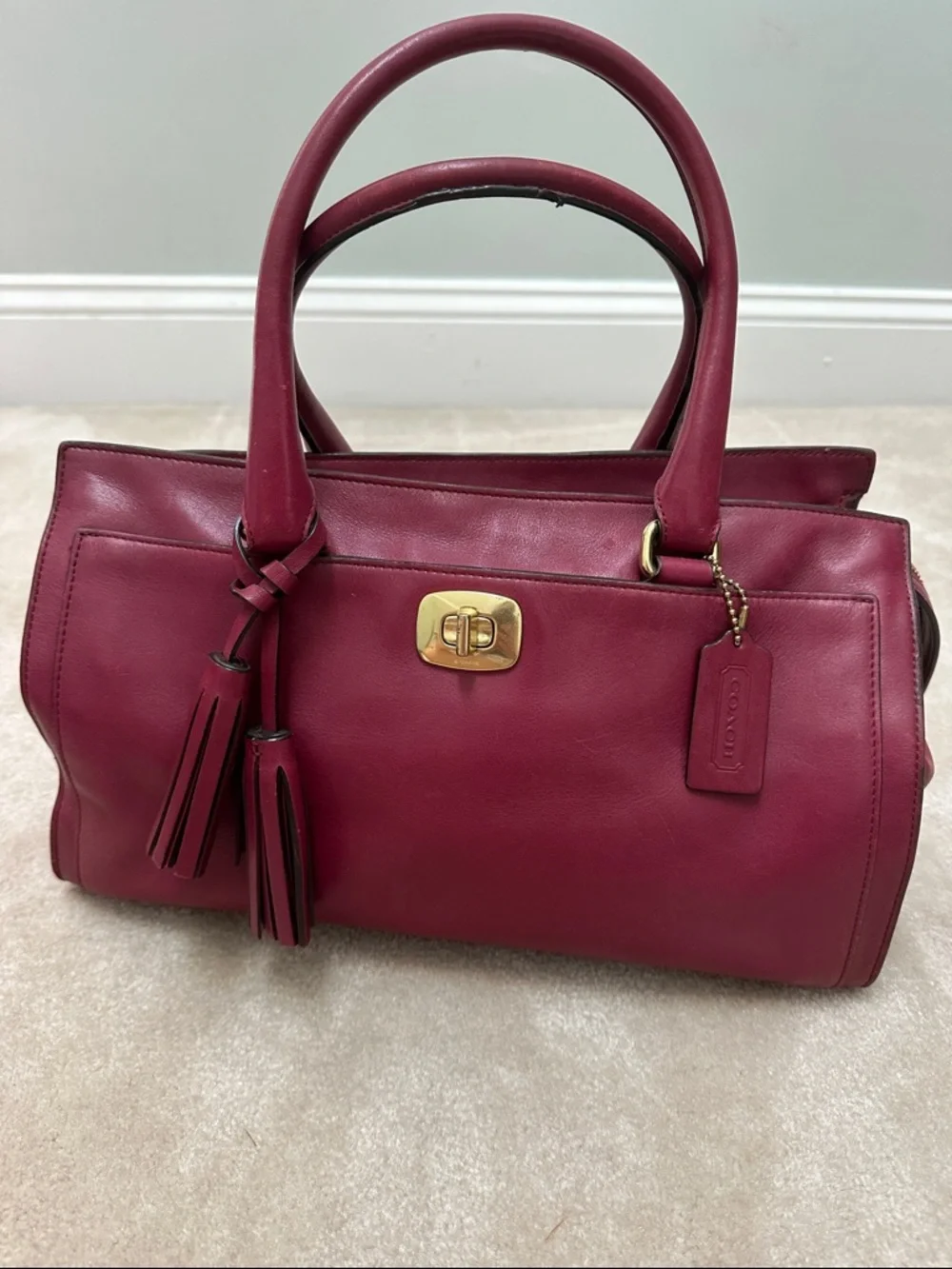 Coach Wine Leather Satchel with Tassel and Gold Turn-Lock