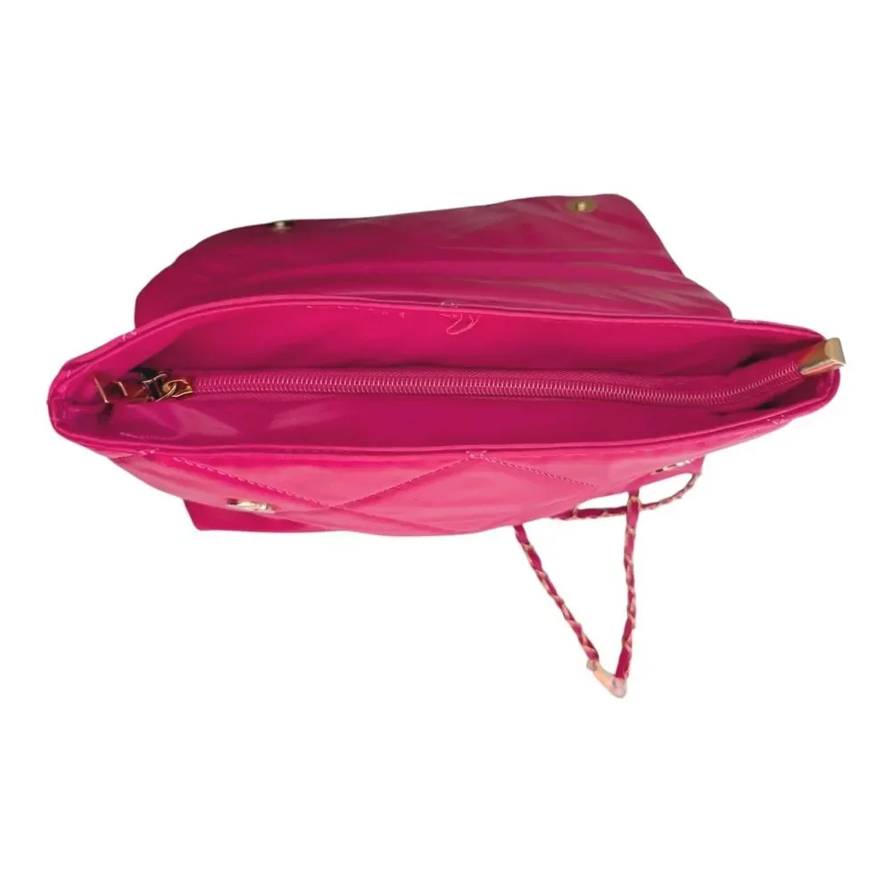 Pink Quilted Pattern Shoulder Crossbody Purse With Metal Decor Chain Strap