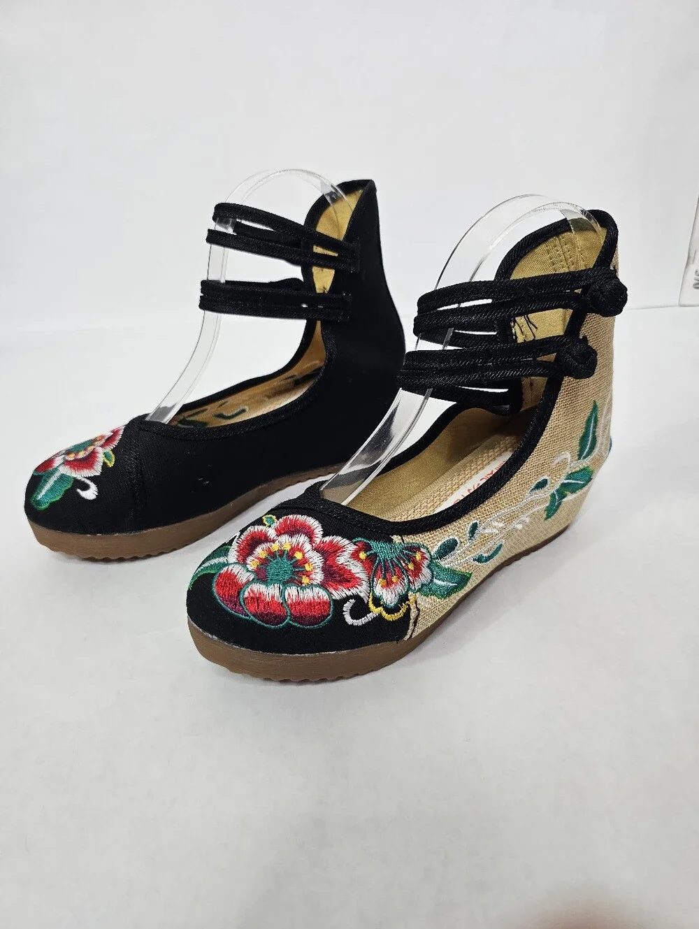 Chinese Floral Embroidered Wedge Mary Janes