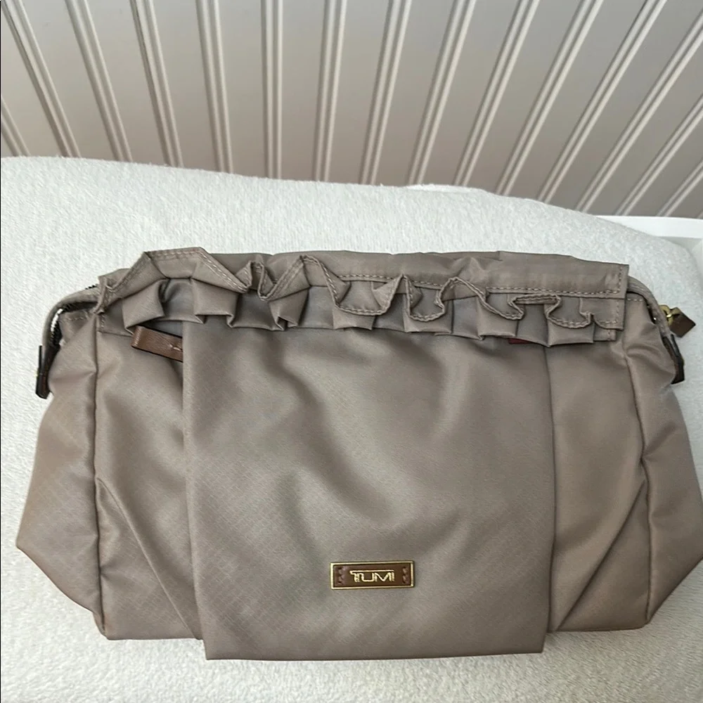 Tumi Enna Large ruffled Travel Pouch Taupe Cosmetics Bag