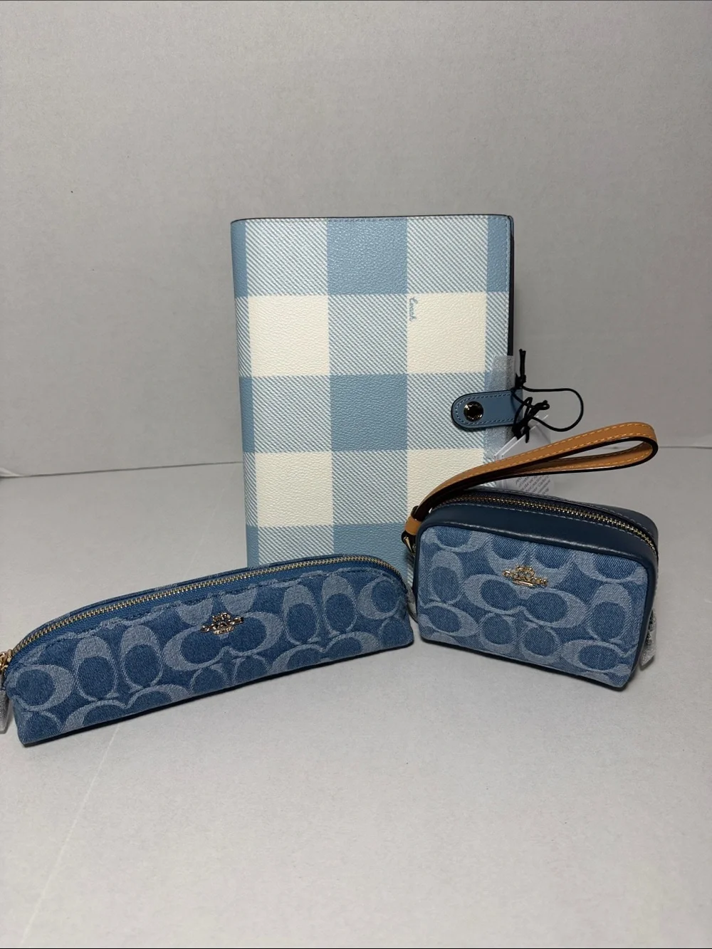 Coach Notebook Blue Denim Pencil Case Pouch Wristlet In Signature Denim