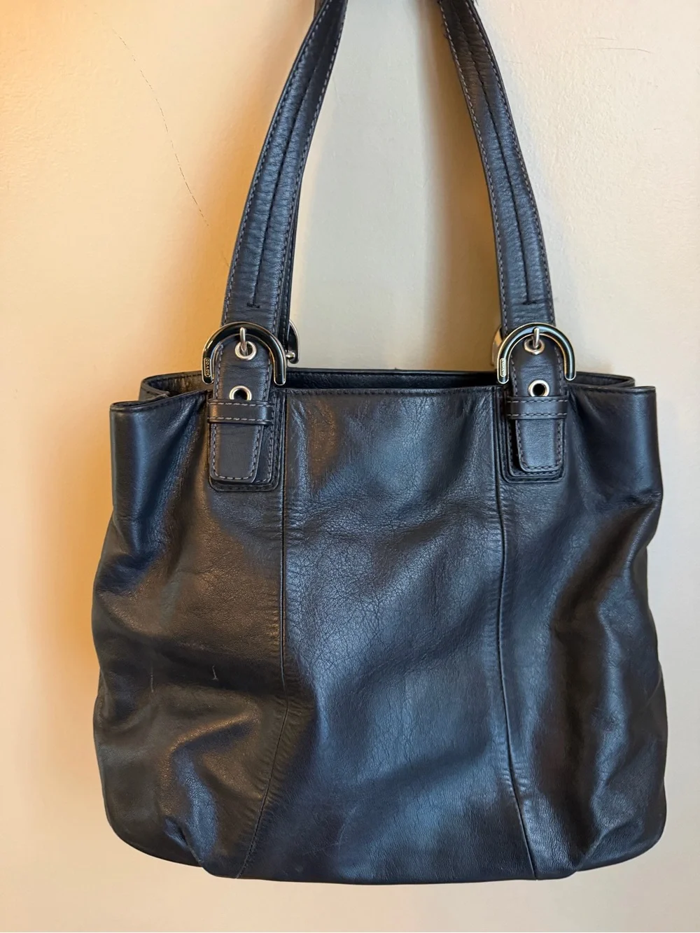 Coach F17216 Soho North South Black Leather Tote Shoulder Bag Blue Liner No Tag