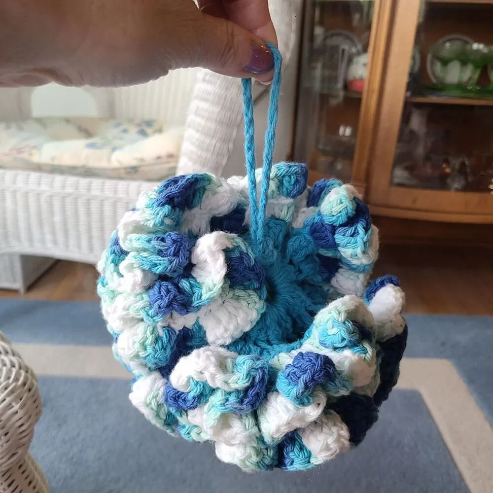 NEW Handmade Crochet Bath Pouf – Blue, White & Aqua Cotton Shower Loofah NWT