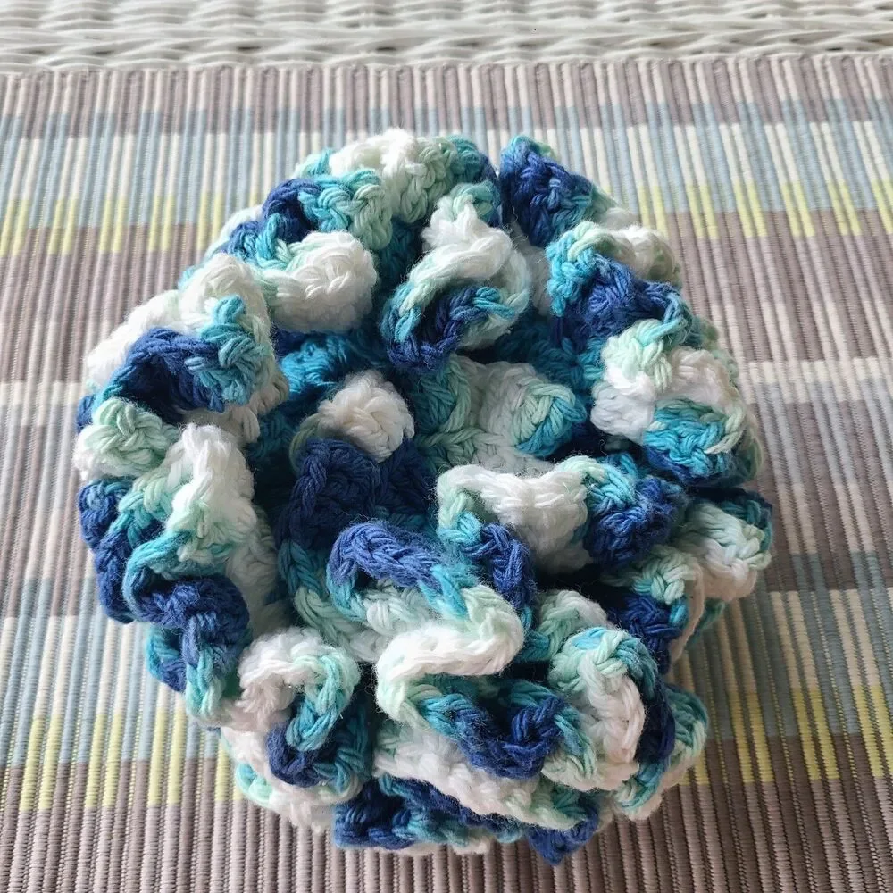 NEW Handmade Crochet Bath Pouf – Blue, White & Aqua Cotton Shower Loofah NWT