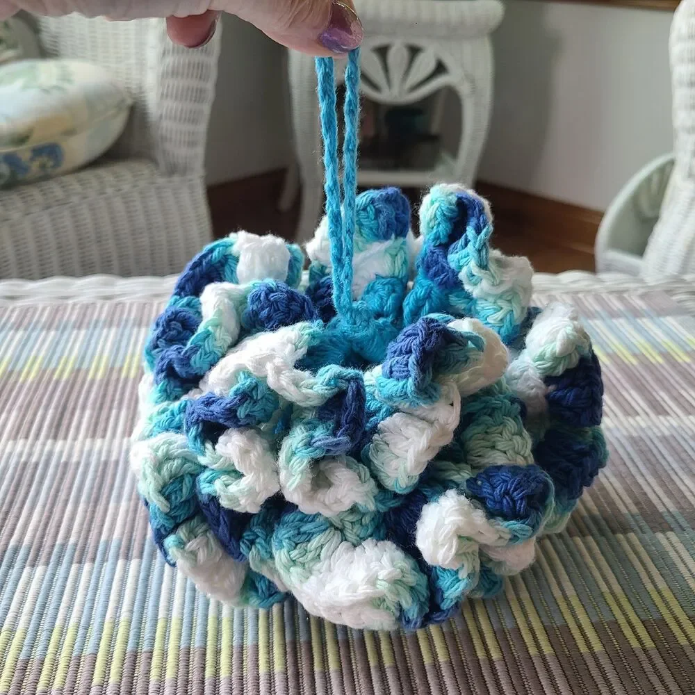 NEW Handmade Crochet Bath Pouf – Blue, White & Aqua Cotton Shower Loofah NWT