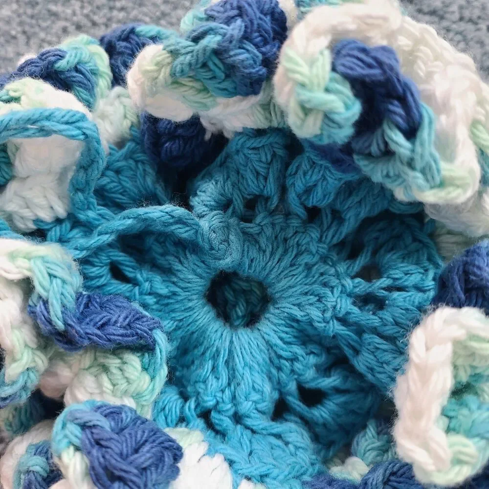 NEW Handmade Crochet Bath Pouf – Blue, White & Aqua Cotton Shower Loofah NWT