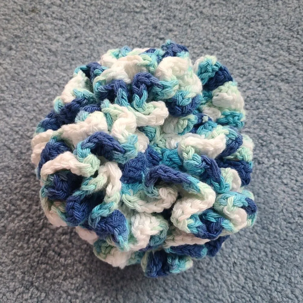 NEW Handmade Crochet Bath Pouf – Blue, White & Aqua Cotton Shower Loofah NWT