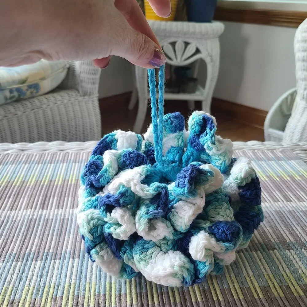 NEW Handmade Crochet Bath Pouf – Blue, White & Aqua Cotton Shower Loofah NWT