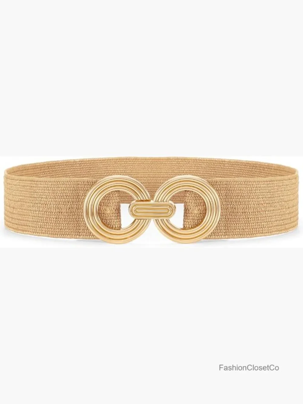 Straw Woven Elastic Stretchy Belt with Gold Buckle for Dresses