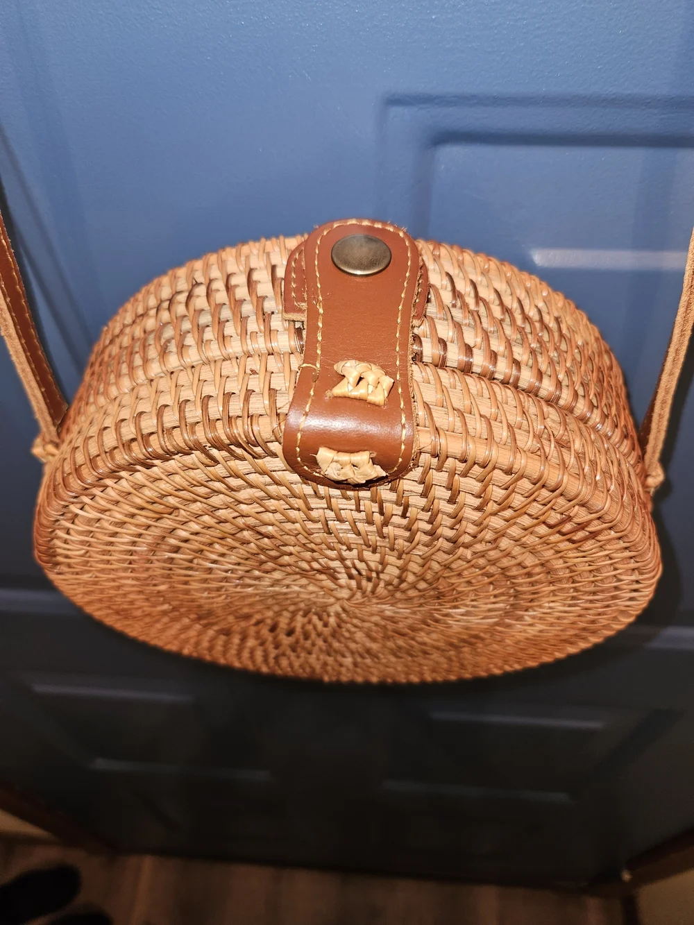 Round Woven Crossbody Boho Bag in Natural Tan.