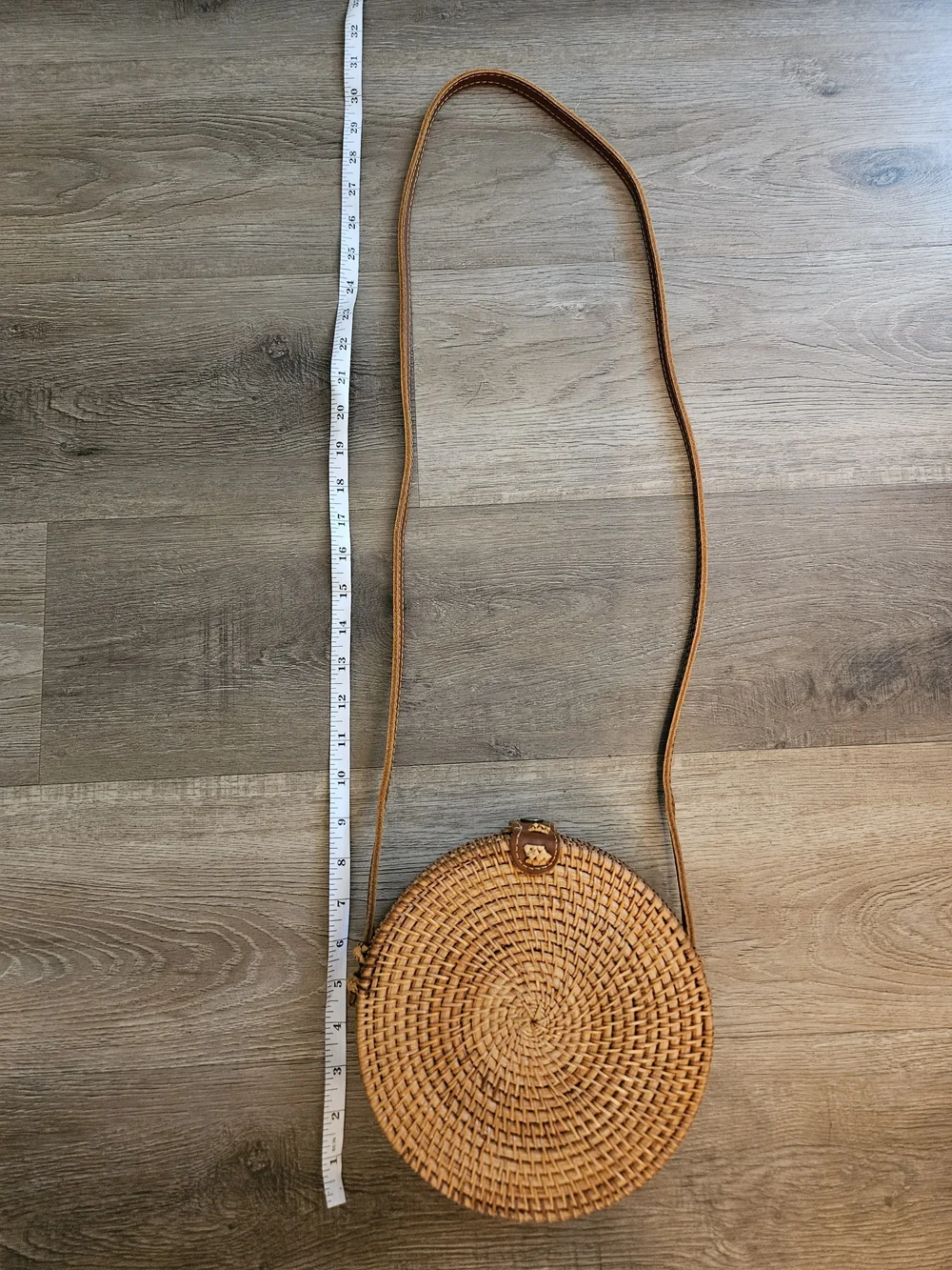 Round Woven Crossbody Boho Bag in Natural Tan.