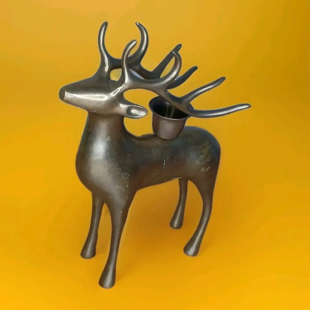 Metal Reindeer Candle Holder Sculpture Dark Brown 7.75