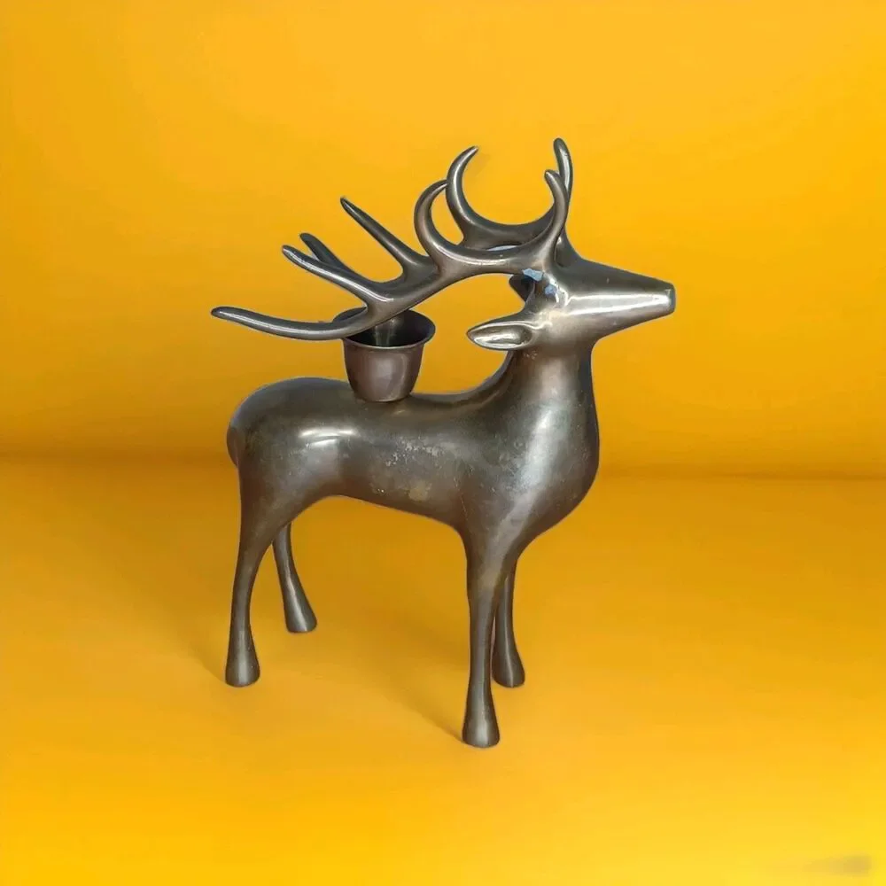 Metal Reindeer Candle Holder Sculpture Dark Brown 7.75