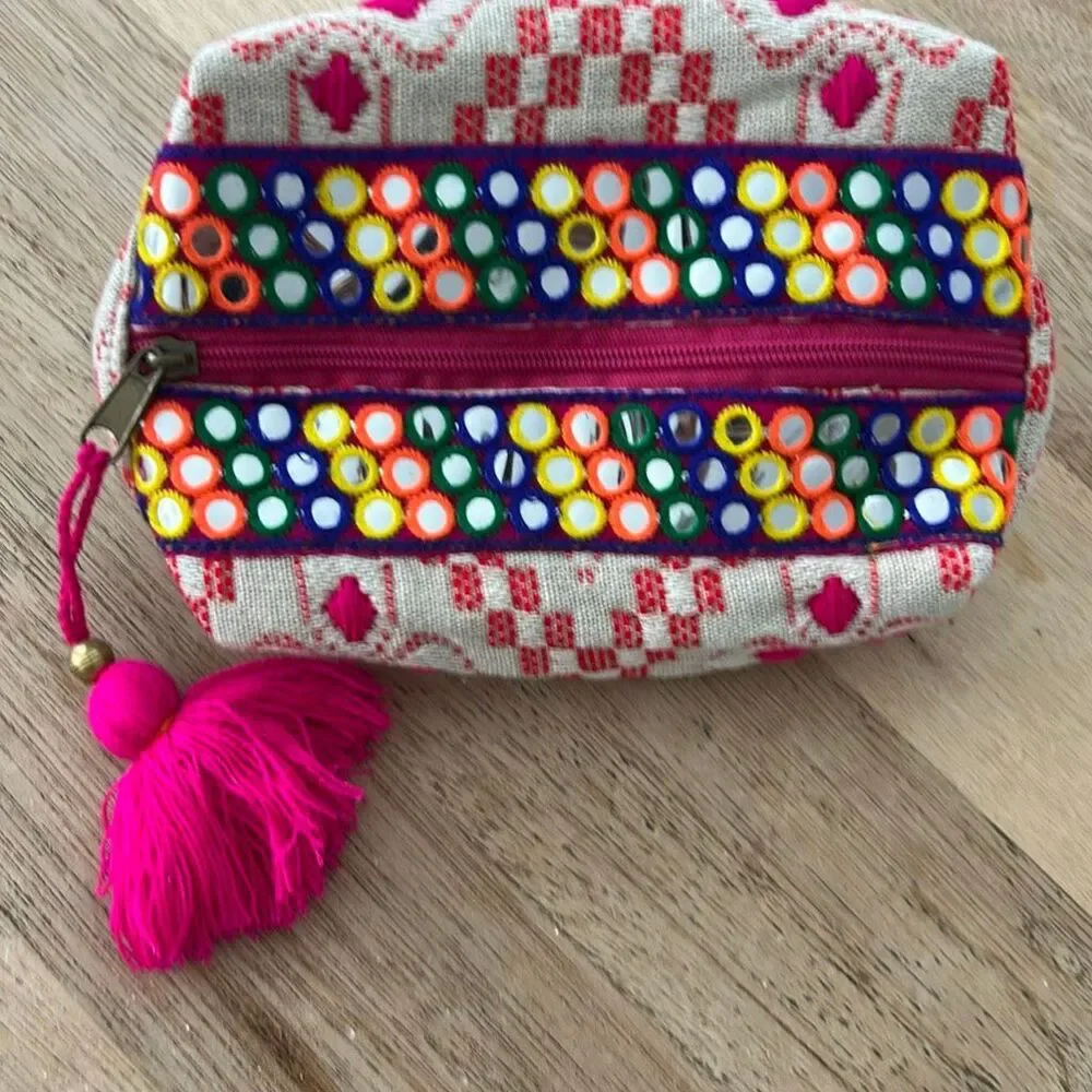 Lovestitch boHo embroidered pink tassel pouch bag clutch beige