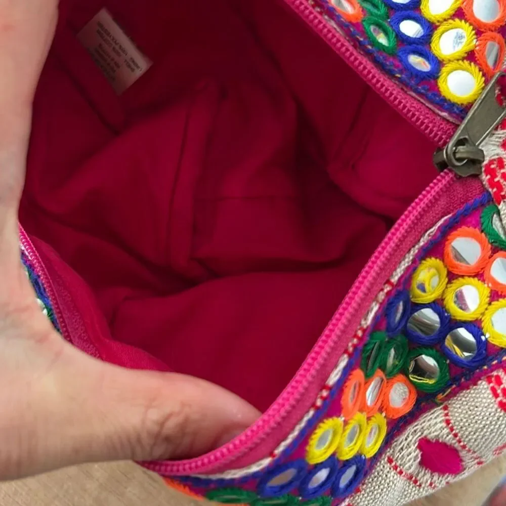 Lovestitch boHo embroidered pink tassel pouch bag clutch beige