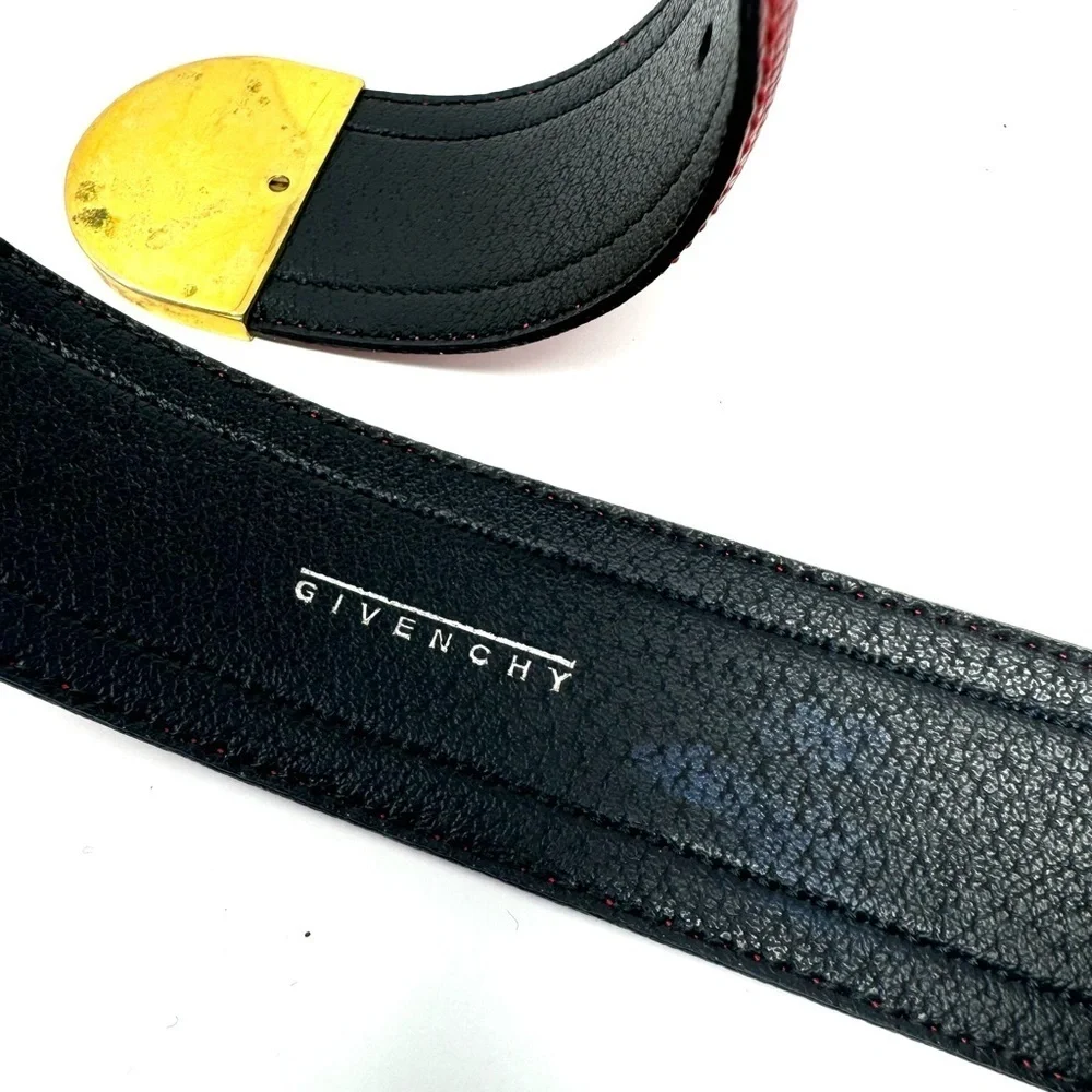 Givenchy Vintage Red Vachette Leather Belt – 35″ x 1.75″, Gold Logo Buckle