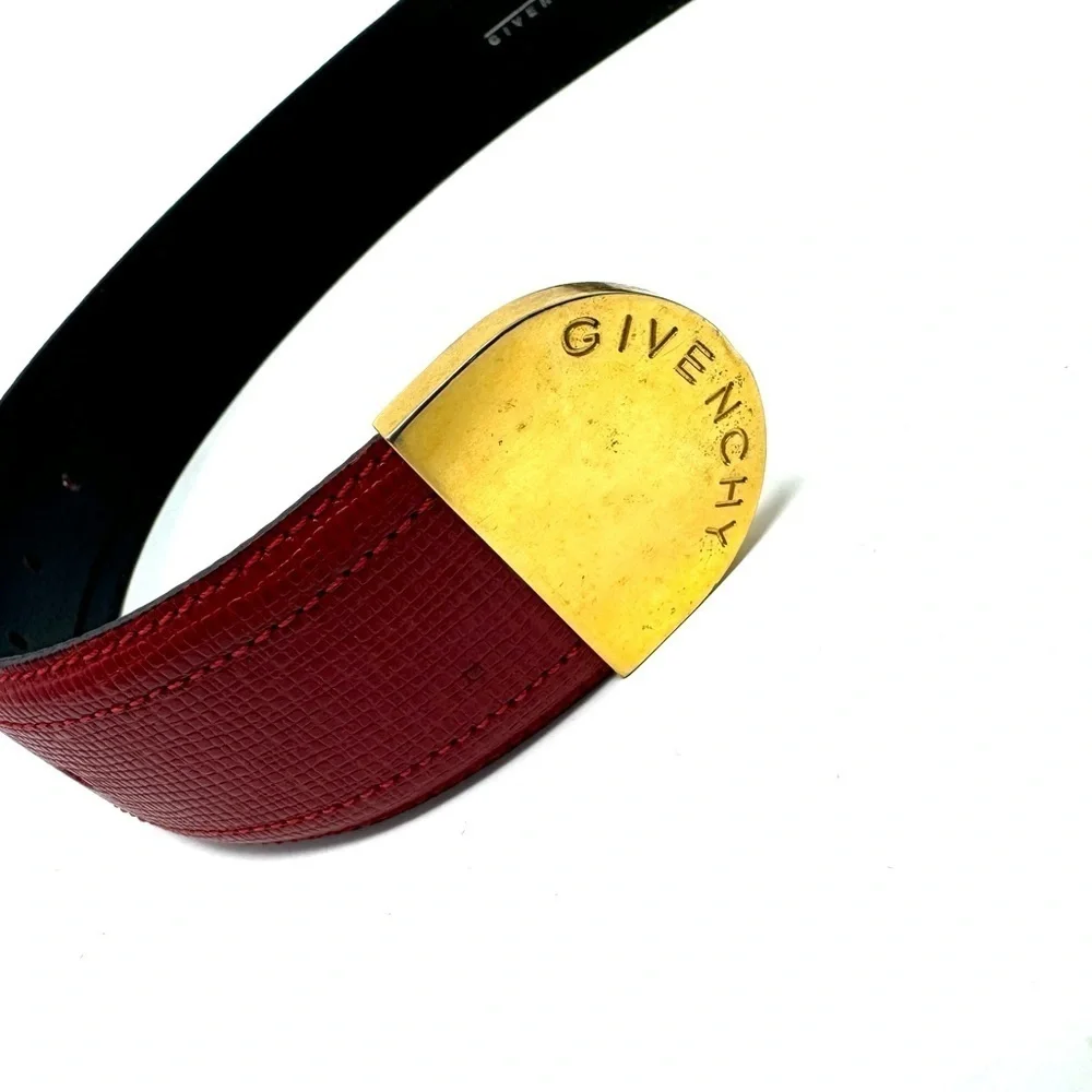Givenchy Vintage Red Vachette Leather Belt – 35″ x 1.75″, Gold Logo Buckle