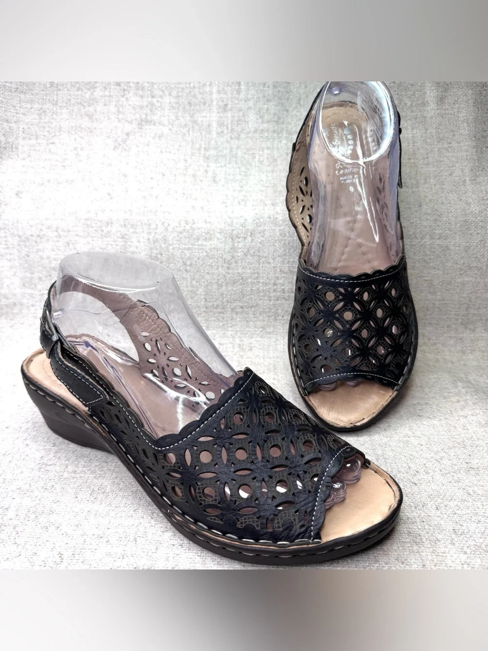 Spring Step Wedge Slingback Sandals black leather size 9/40 peep toe laser cut