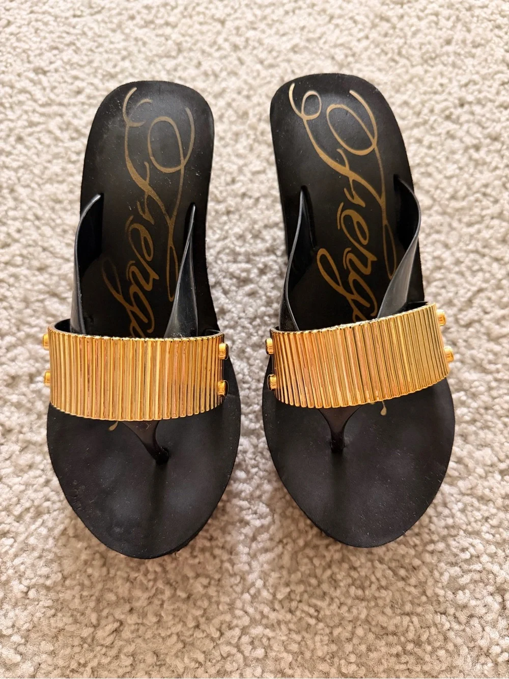 Black Wedge Flip-Flop Sandals with Gold Accent