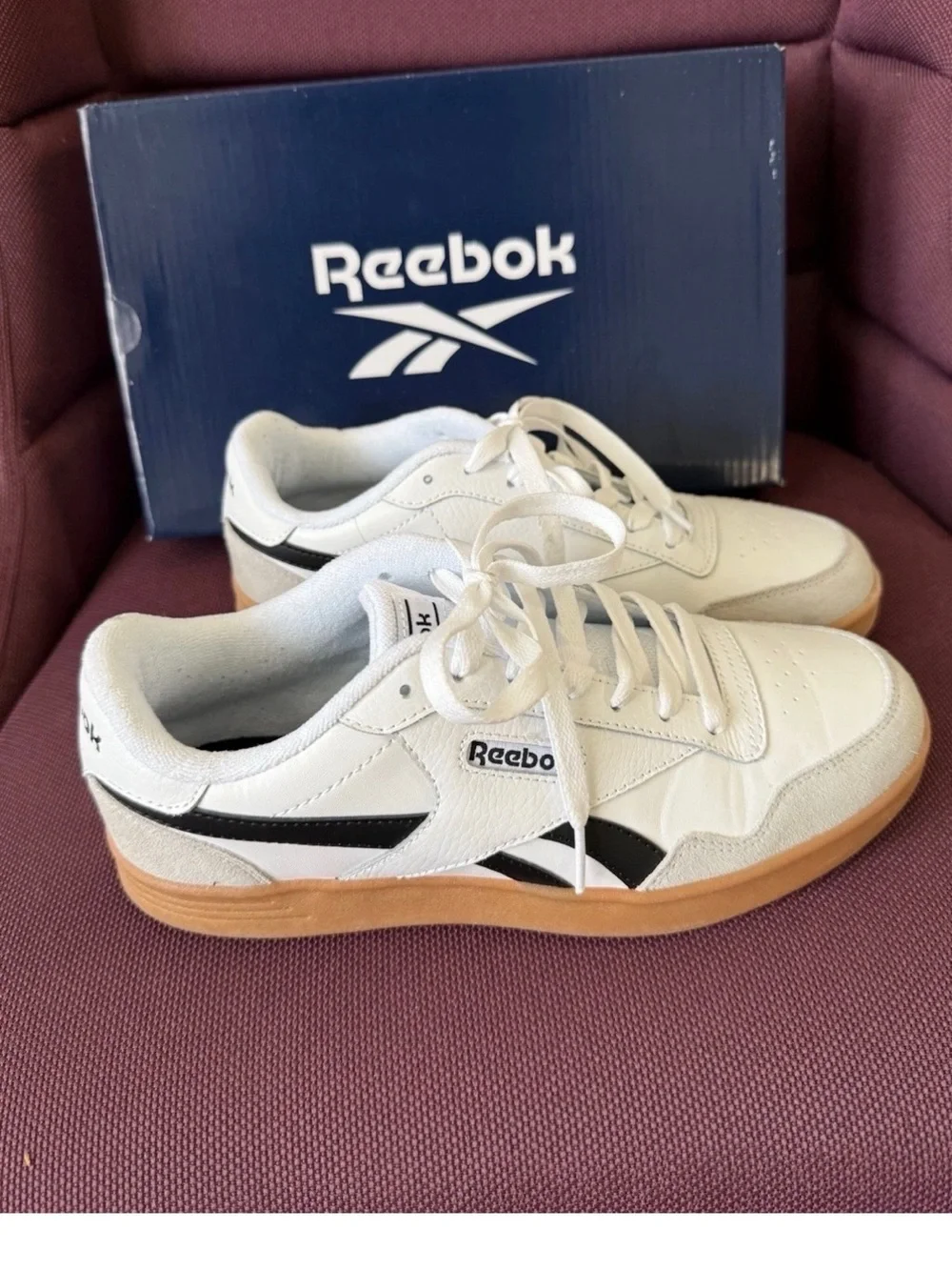 Reebok Men's White Leather Sneakers with Black Accents and Gum Sole