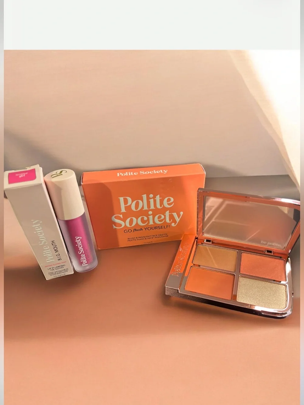 Polite Society Go Flush Yourself Blush & Highlighter Palette + Lip Plumping Oil