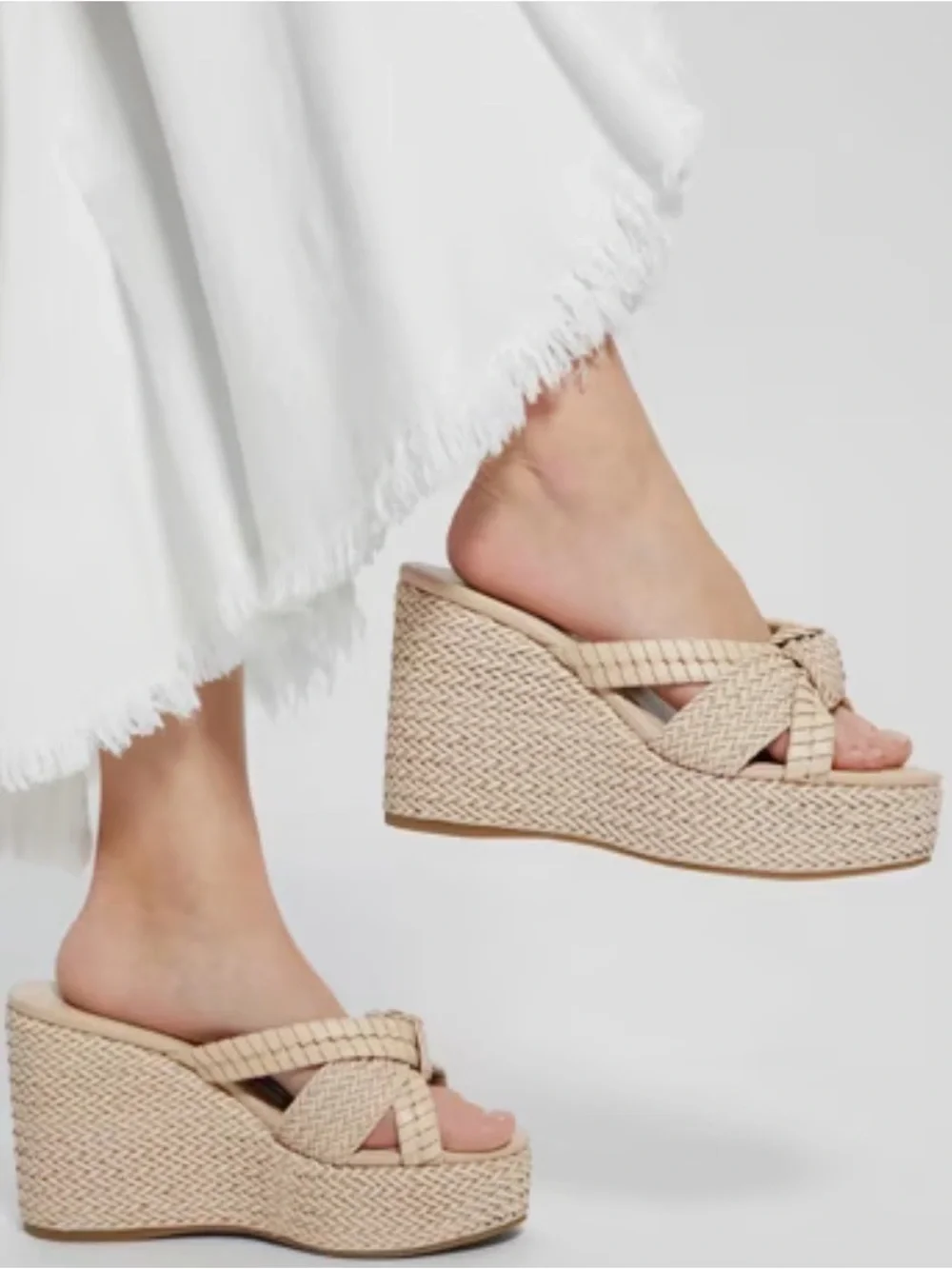 GUESS Women's Evah Beige Woven Platform Wedge Sandals