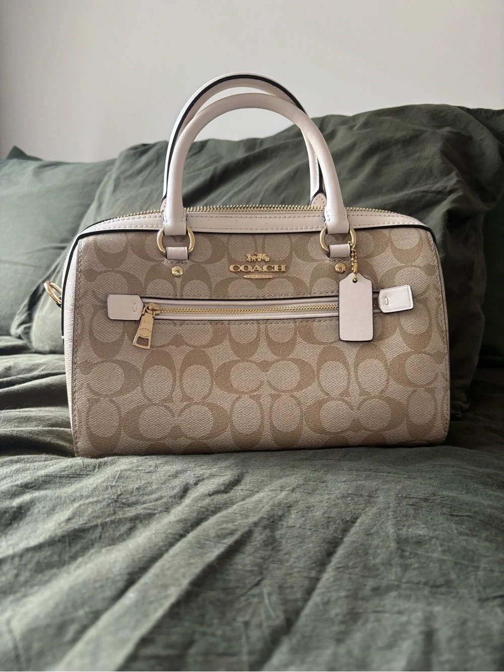 Coach Signature Canvas Satchel in Beige with White Trim