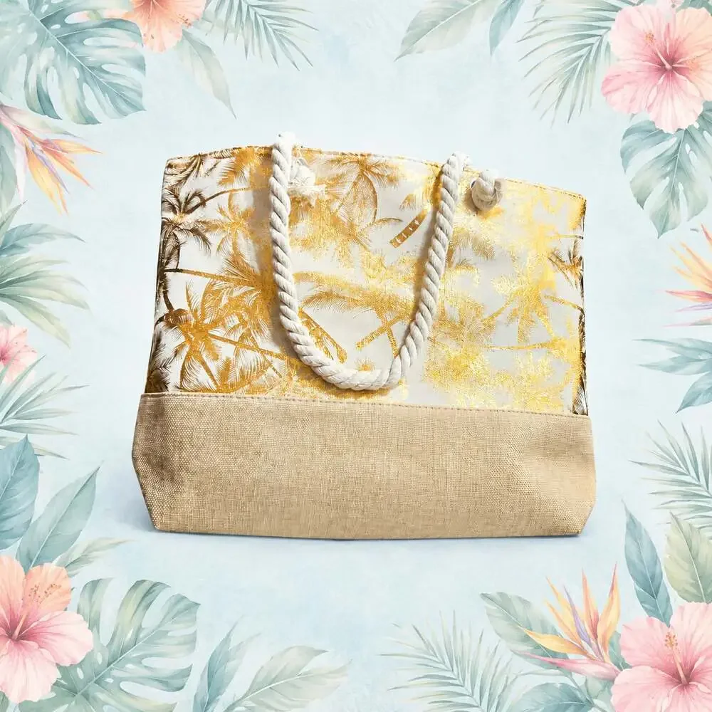 Gold Metallic Palm Tree Print Beach Tote Bag