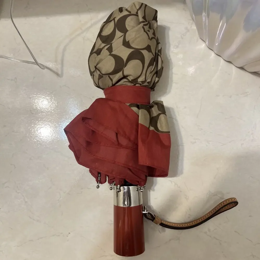 Authentic Coach Compact Unbrella - Tan & Red Signature Print