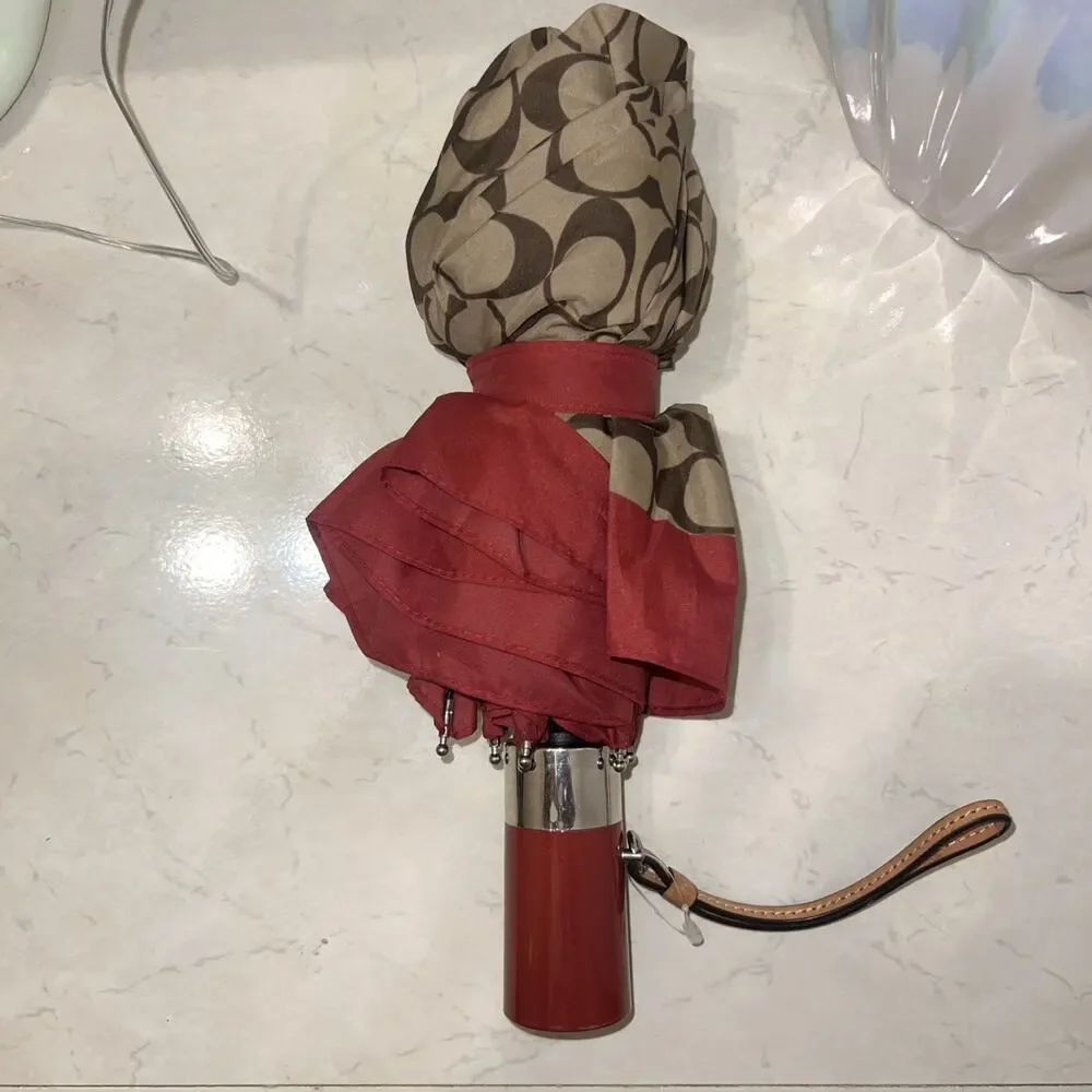 Authentic Coach Compact Unbrella - Tan & Red Signature Print