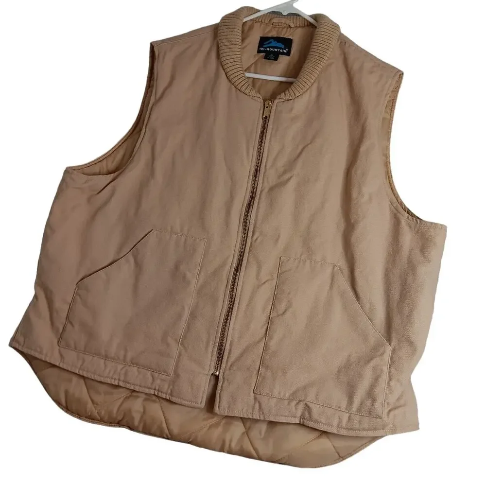 Tri-Mountain Canvas Vest Mens XL Tan Diamond‎ Quilt Lined Zip Outdoors Utility