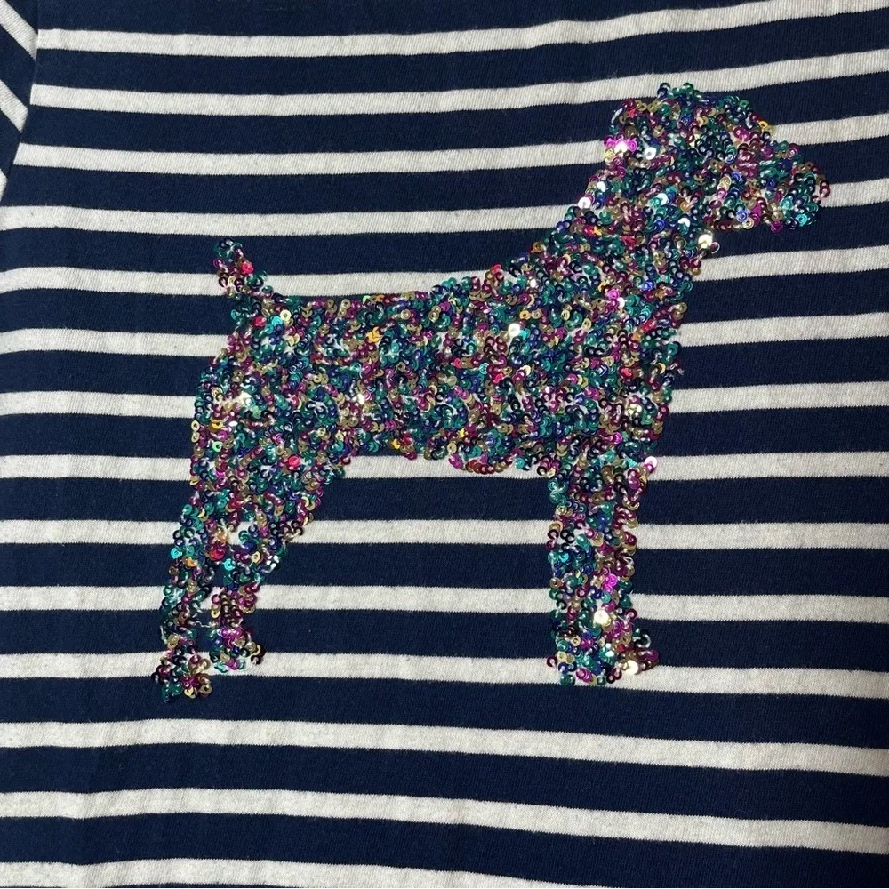 Mini Boden Navy Striped and Polka Dot Kids Dress Sequin Dog Design Size 9-10 Y