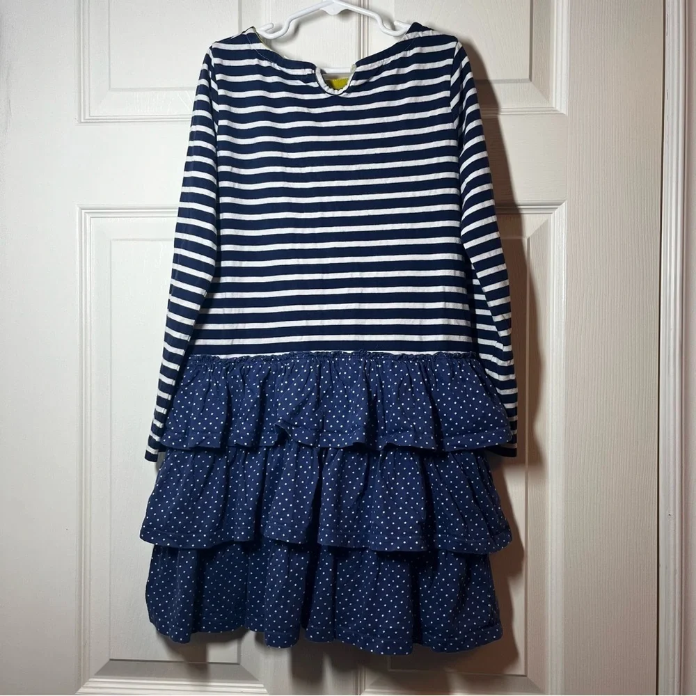 Mini Boden Navy Striped and Polka Dot Kids Dress Sequin Dog Design Size 9-10 Y