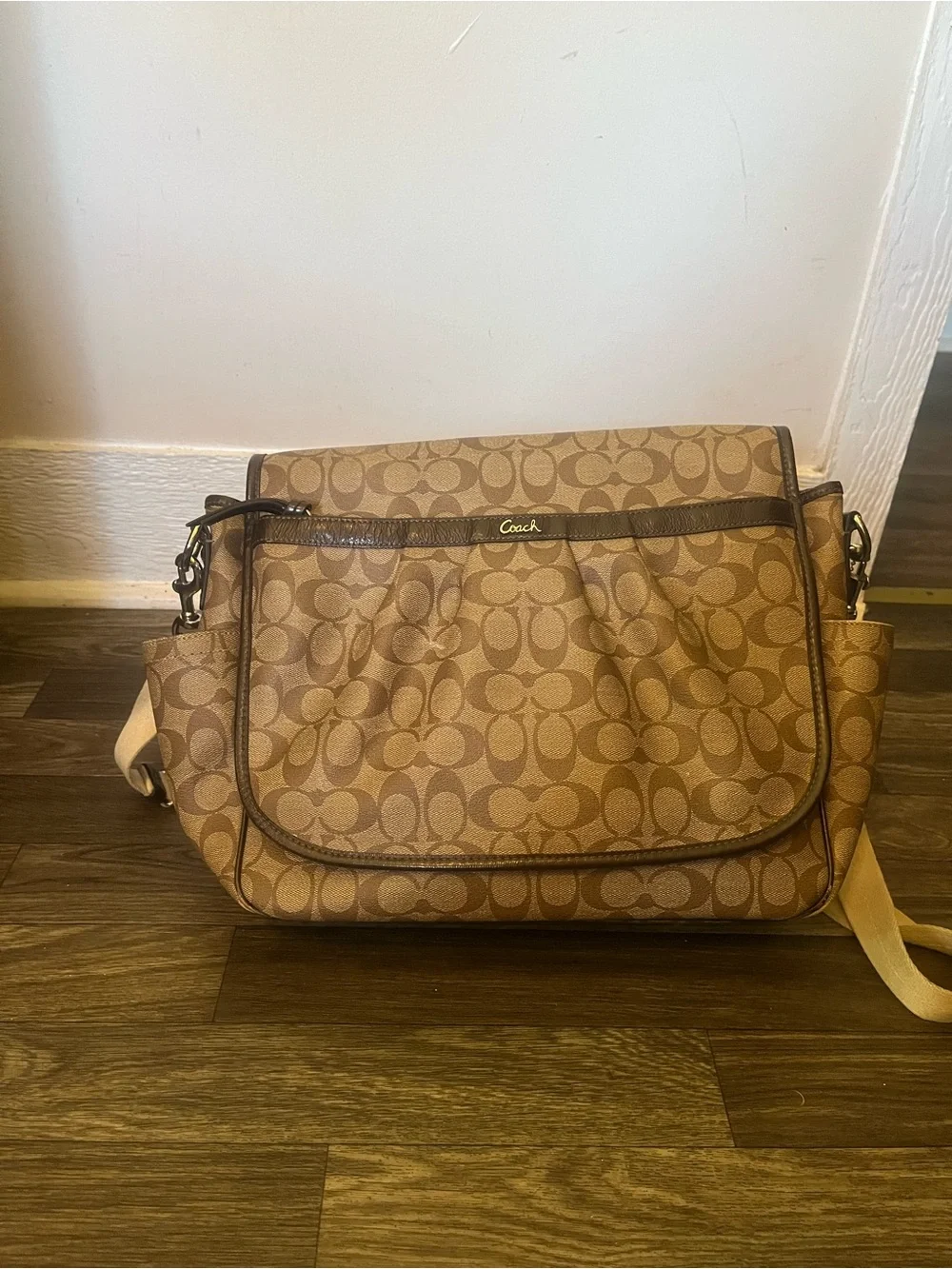 Coach Brown Signature Canvas Shoulder Bag with Tan Strap