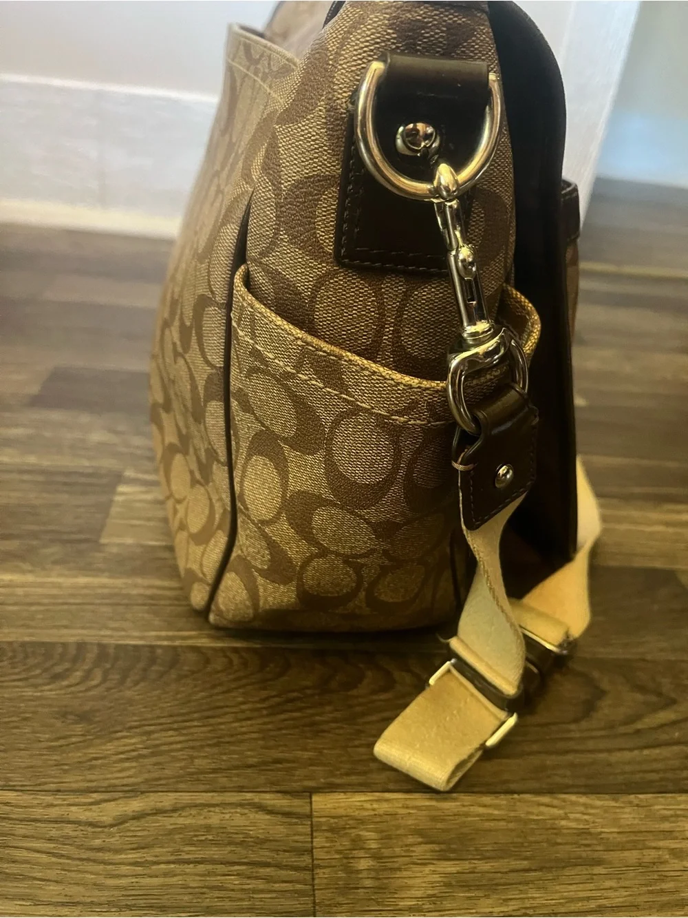 Coach Brown Signature Canvas Shoulder Bag with Tan Strap
