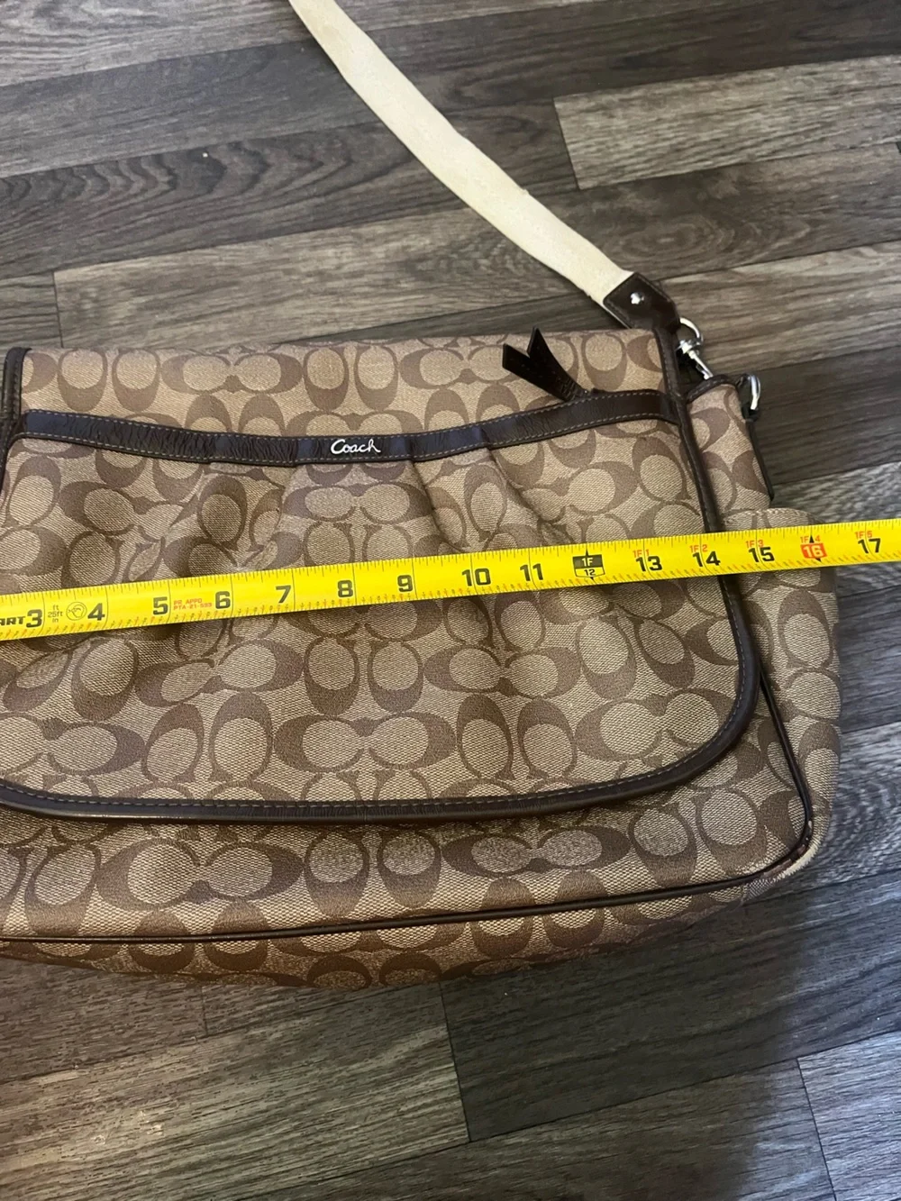 Coach Brown Signature Canvas Shoulder Bag with Tan Strap