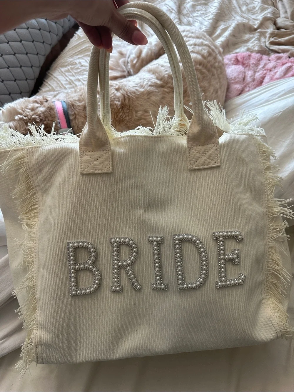 Cream 'BRIDE' Pearl-Embellished Canvas Tote