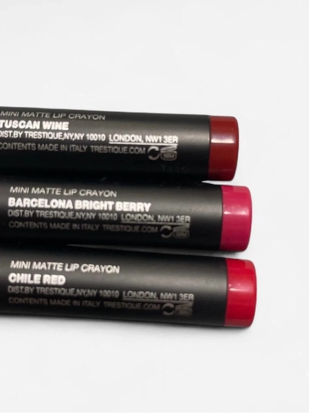 treStiQue Mini Lip Crayon Set — Bright Red, Rosy Pink, Warm Brown