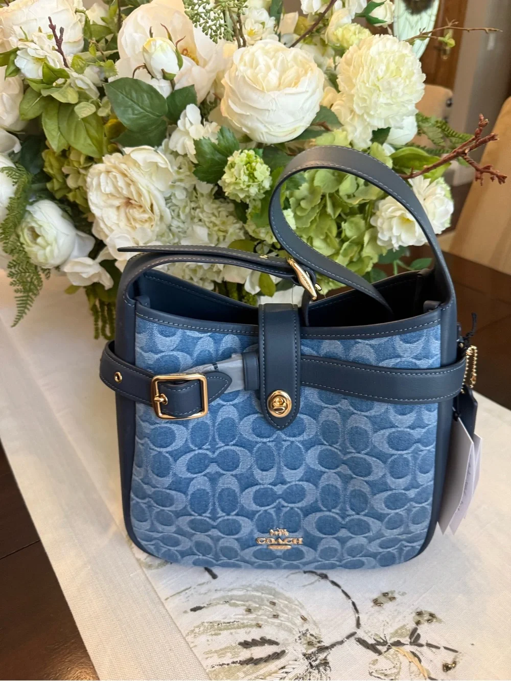 Coach Denim Signature Shoulder Bag with Navy Trim and Gold Hardware