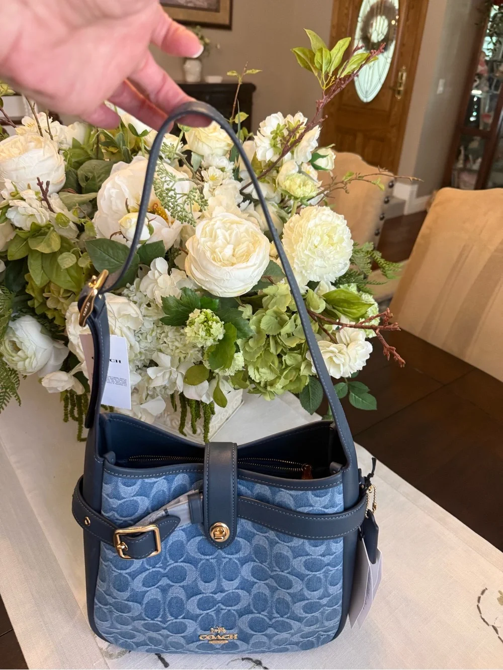 Coach Denim Signature Shoulder Bag with Navy Trim and Gold Hardware