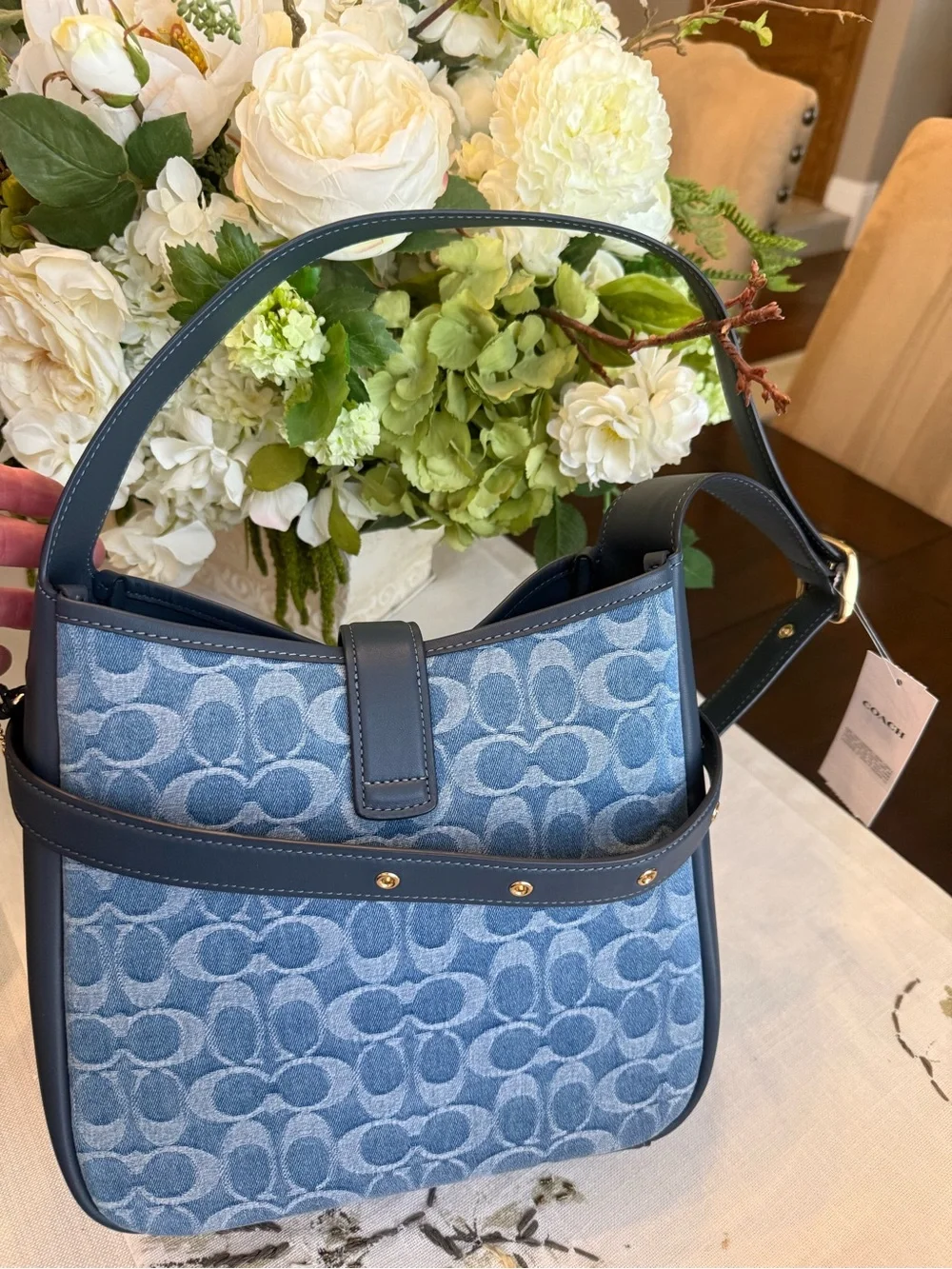 Coach Denim Signature Shoulder Bag with Navy Trim and Gold Hardware
