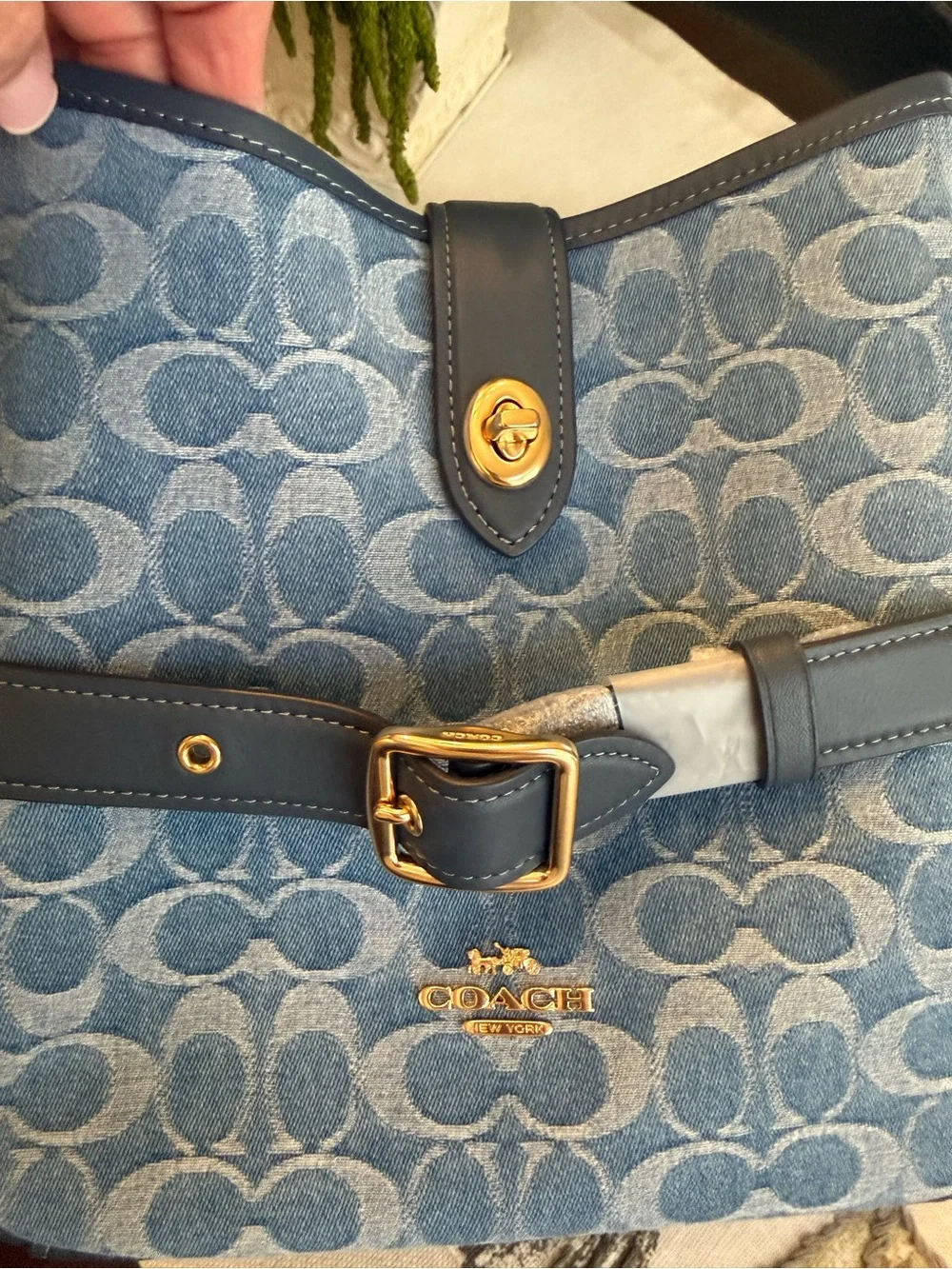 Coach Denim Signature Shoulder Bag with Navy Trim and Gold Hardware